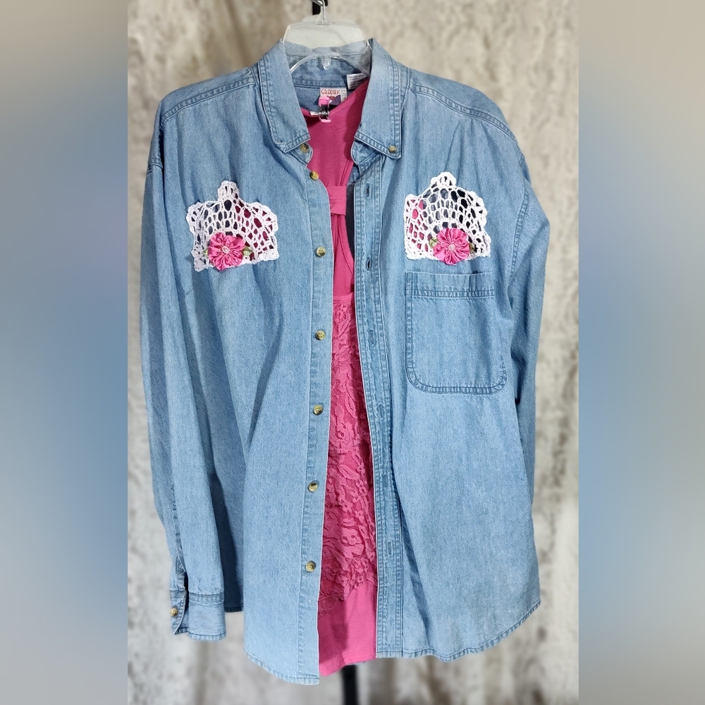 Graphic Sports Long Sleeve Denim Shirt with Crochet Floral Accents